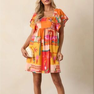 Red Dress En Creme Colorful Printed Dress with Puff Sleeves M